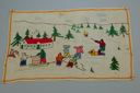 Image of Embroidered place mat with Inuit figures outside MacMillan-Moravian school 